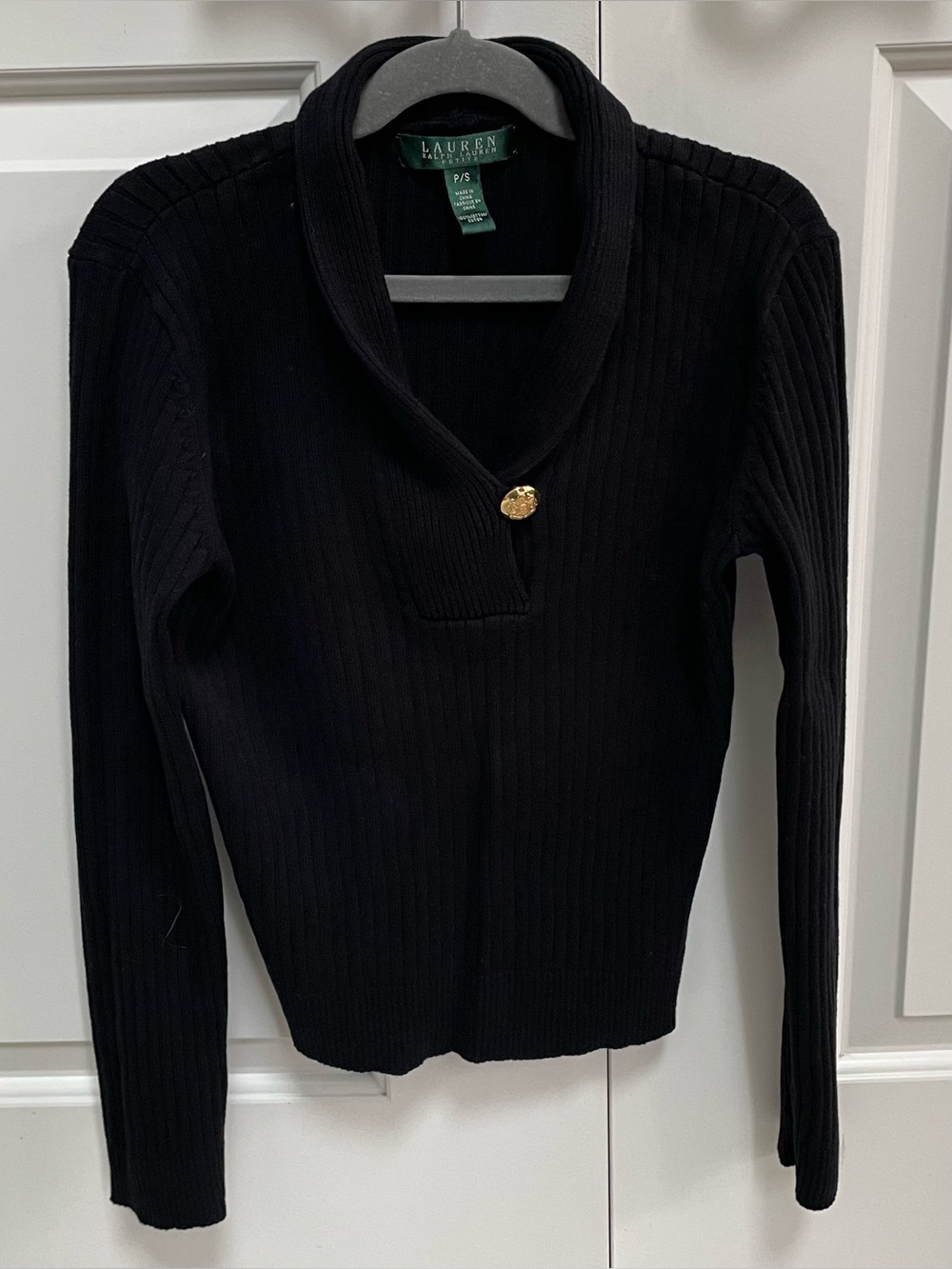 Lauren Ralph Lauren Cotton Ribbed Black Gold Button Long Sleeve Sweater